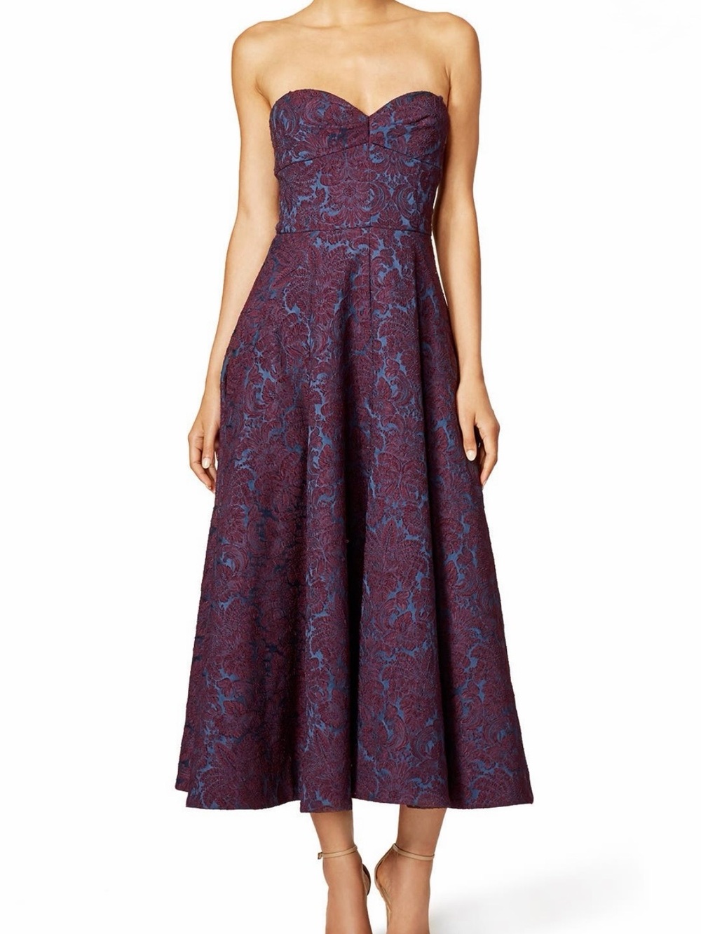 Formal Jill Stuart Strapless Jacquard Brocade Midi Dress Gown Wine Navy Size 4